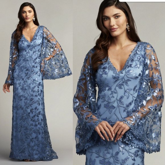 NWT TADASHI SHOJI FARLEY Sequin Cape Sleeve Gown Dress Cadet Blue Size 8 - Picture 1 of 2